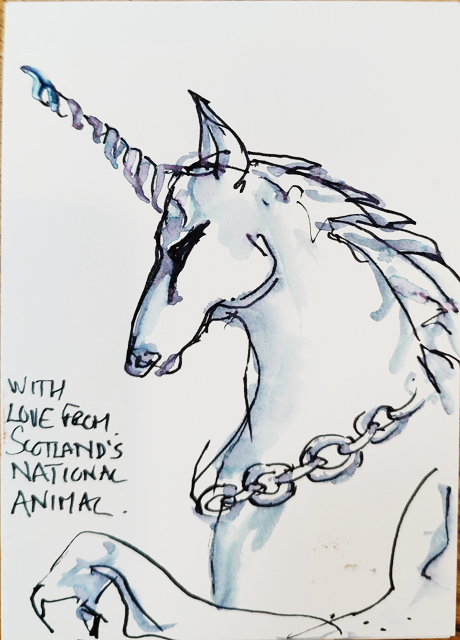Drawing of a unicorn, from the old school badge.